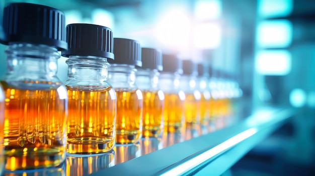 Row of Glass Bottles on Counter Bottles with medicines on the conveyor Selective focus Closeup