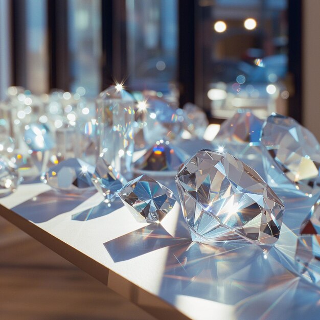 a row of glass gems are lined up on a table