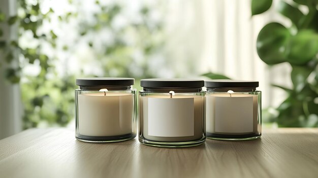 Photo a row of glass jars with a candle in the middle