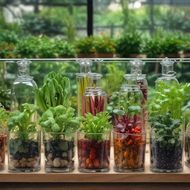 a row of glass jars with different kinds of vegetables