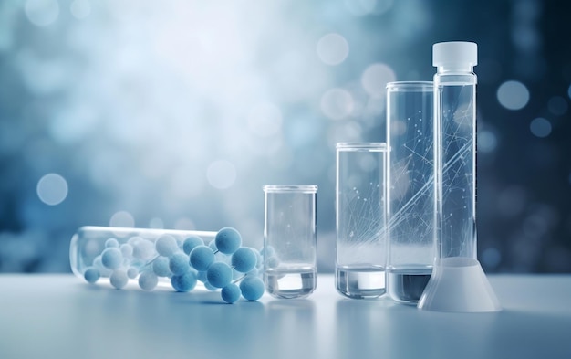 A row of glass tubes with a syringe and a glass tube with a blue background.