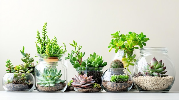 a row of glass vases with plants and rocks on them