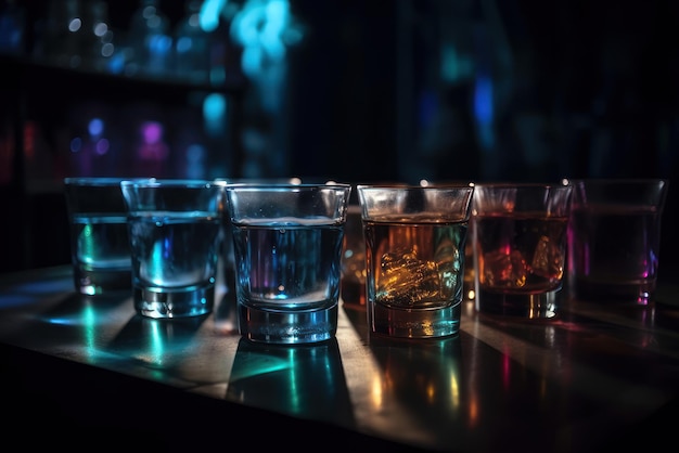 A row of glasses with different colored liquid on them sit on a bar counter.