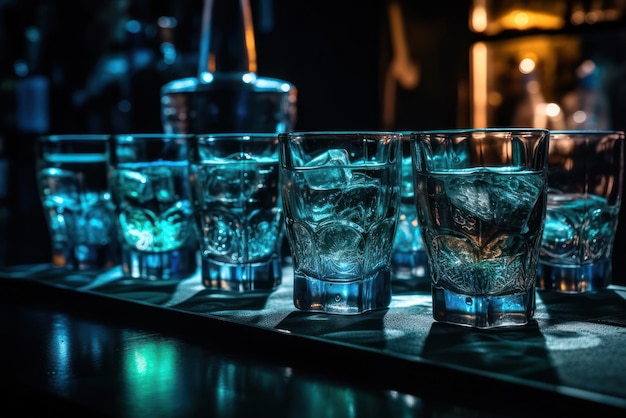 A row of glasses with ice on them sit on a bar counter.