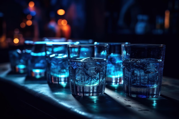 A row of glasses with ice on them sit on a bar counter.