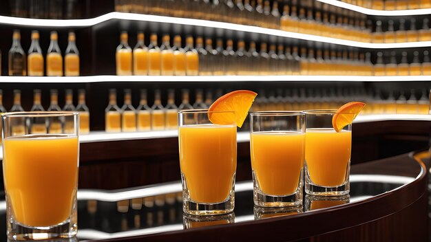 a row of glasses with oranges on a shelf with bottles of liquor