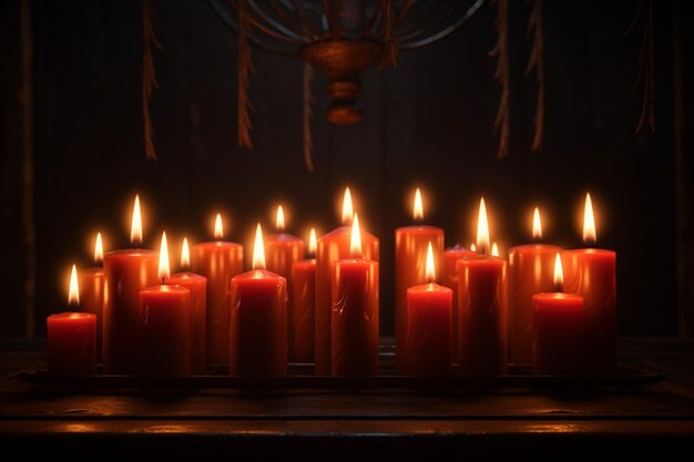 A row of glowing candles illuminates the dark night