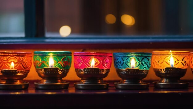 Photo a row of glowing oil lamps diyas lined up on a colorful surface illuminating the night