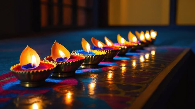 Photo a row of glowing oil lamps diyas lined up on a colorful surface illuminating the night