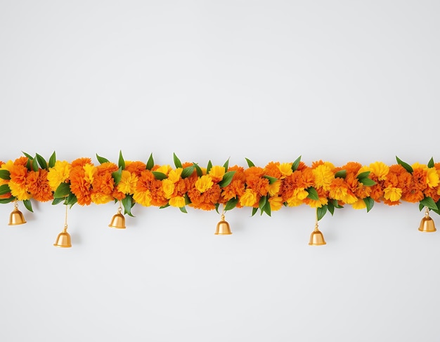 Photo a row of gold bells with flowers on a white background