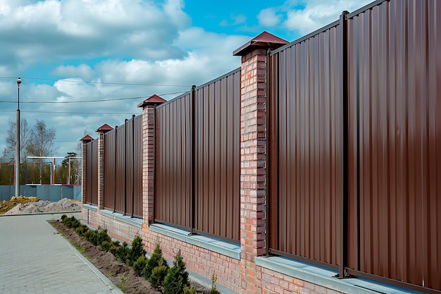 A row of gray metal fence with red brick and a black chimney