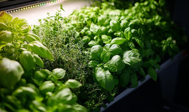 Photo a row of green basil plants in a greenhouse