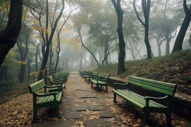 A row of green benches