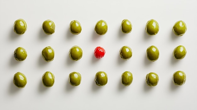 Photo a row of green grapes with one red one in the middle