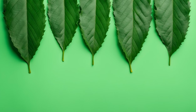 A row of green leaves on a green background