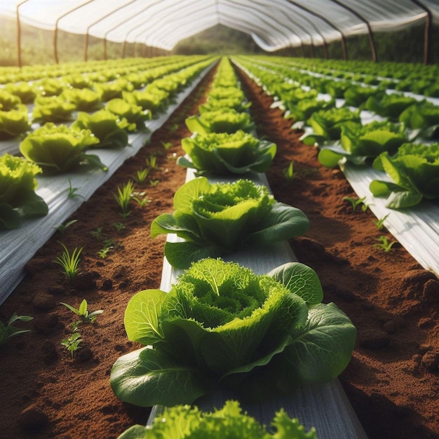 a row of green lettuce in a greenhouse with other plants