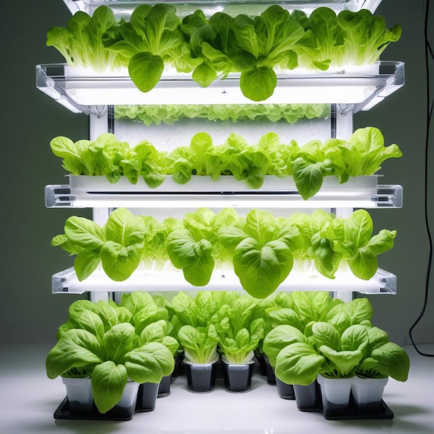 a row of green lettuce plants are placed in rows