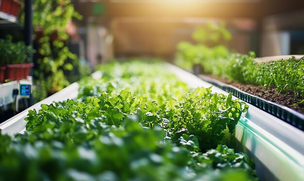 a row of green plants with a container of fresh herbs