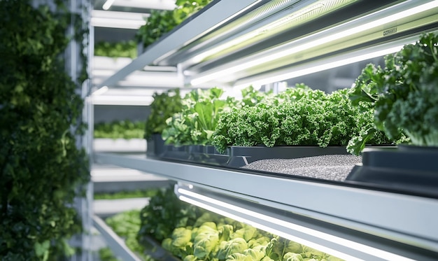 Photo a row of green vegetables in a store with a light on it