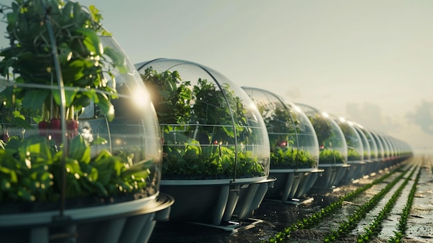 Photo a row of greenhouses with a row of plants in them