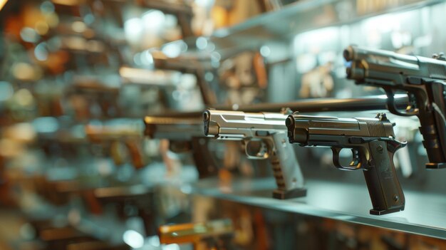 Photo a row of guns are displayed on a shelf