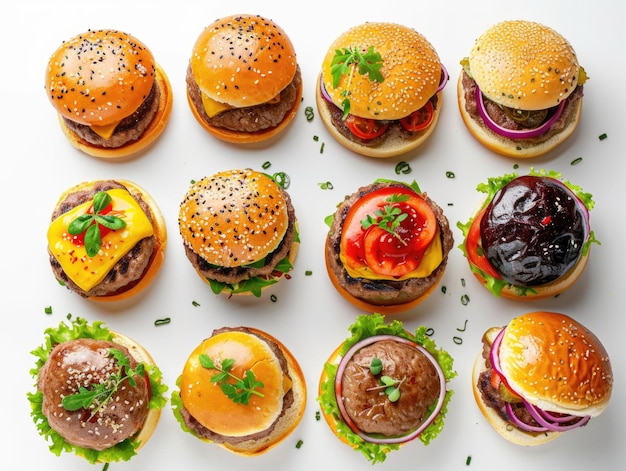 A row of hamburgers with different toppings including tomatoes onions