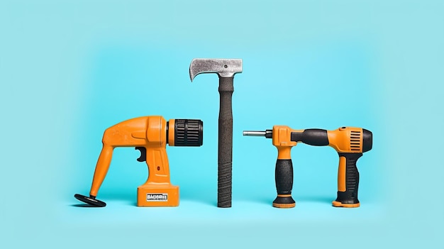 A row of hammers and hammers sit on a blue background.