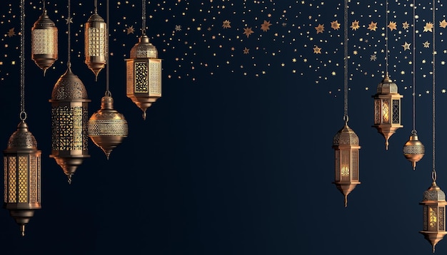 Photo a row of hanging lights with gold glitter on a black background