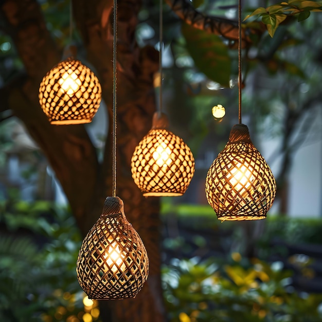 Photo a row of hanging lights with a tree in the background