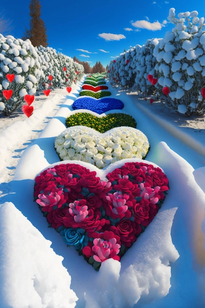 Row of heart shaped flowers in the snow generative ai