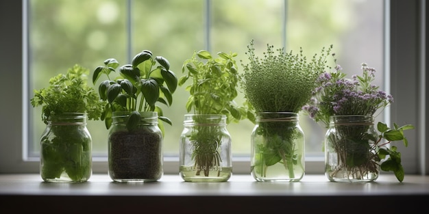 A row of herbs on a window sill