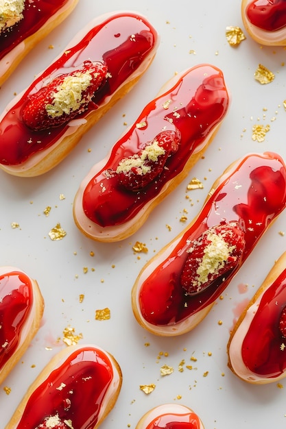 a row of hot dogs with ketchup on them