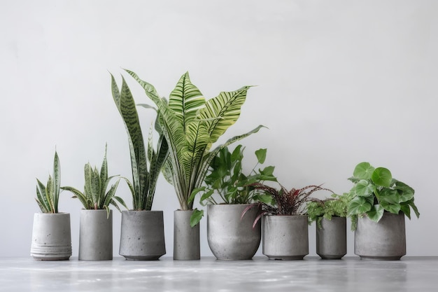 Row of houseplants in concrete flowerpots each with their own unique design