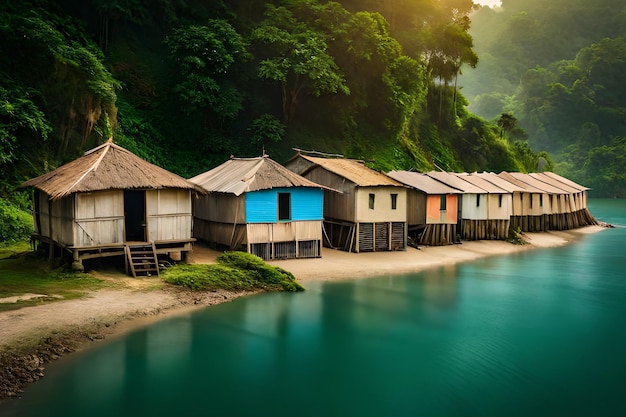 A row of houses on a beach with a blue water and trees in the background.