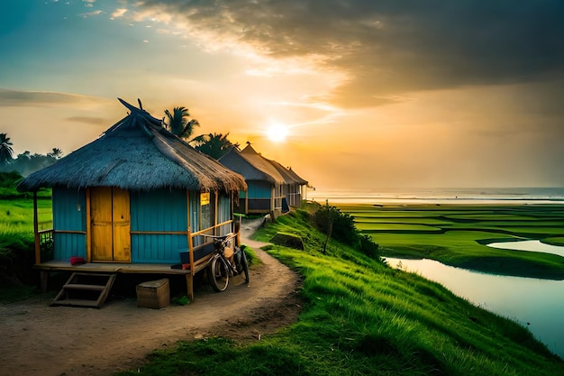 A row of houses on a dirt road with a sunset in the background