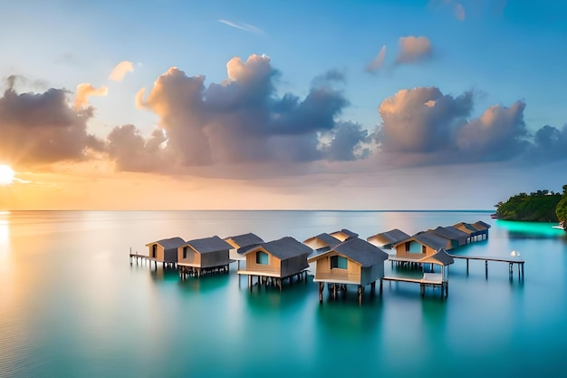 A row of houses on stilts are on the water.