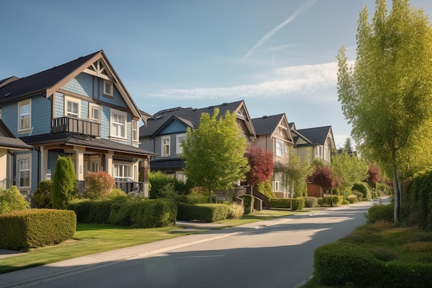 A row of houses with a blue sky in the background generative ai