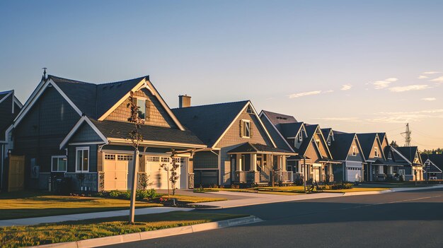 Photo a row of houses with a clear blue sky and lush green lawns in the foreground