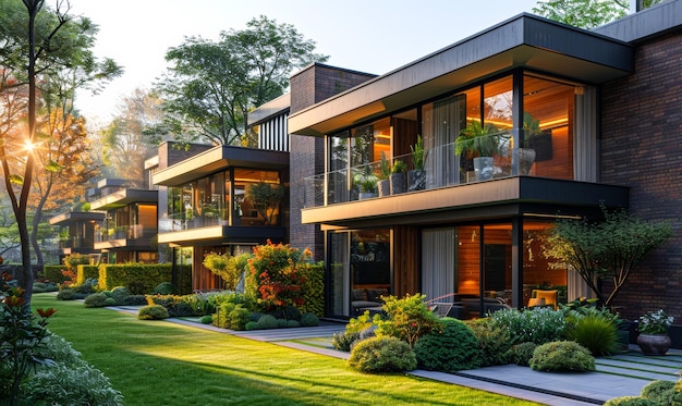 A row of houses with a large green lawn in front of them The lawn is wellmaintained and has a variety of plants including potted plants