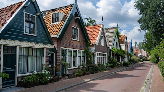 a row of houses with a red roof and a green roof with a white house in the background