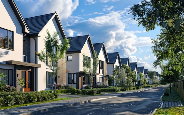 a row of houses with a sky background and a tree in the background