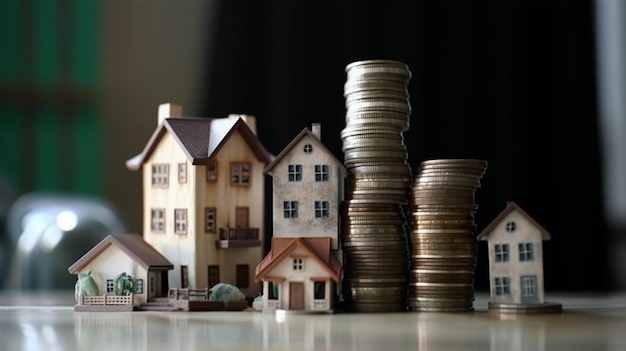 Photo a row of houses with a stack of coins on the top.