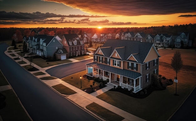 A row of houses with the sun setting behind them