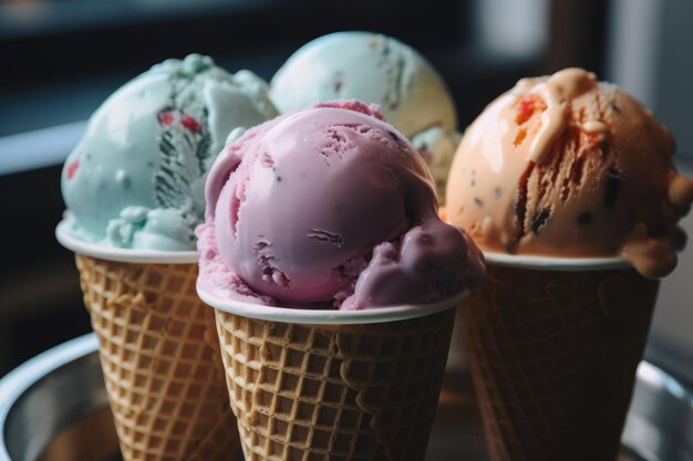 A row of ice cream cones are on a table.