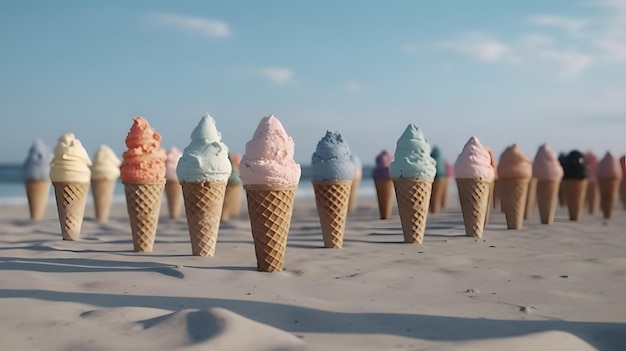 A row of ice cream cones on a beach