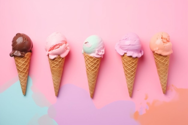 A row of ice cream cones on a pink background.