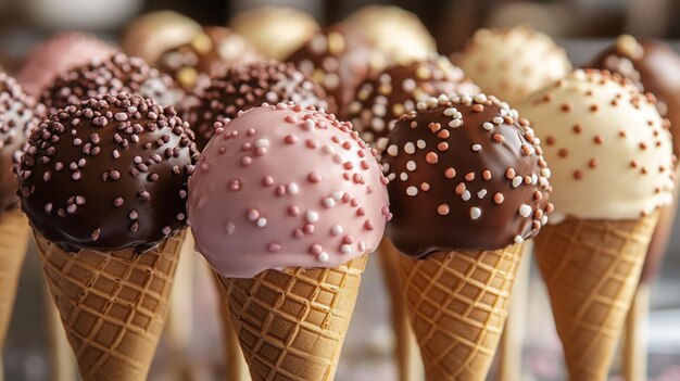 Photo a row of ice cream cones with chocolate and chocolate covered strawberries