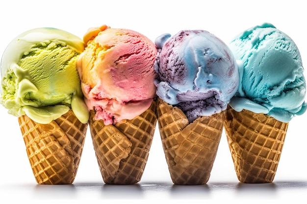 A row of ice cream cones with different flavors on them