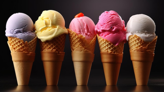 A row of ice cream cones with one being filled with a strawberry.