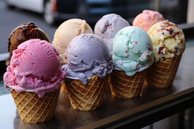 A row of ice cream cones with one of them has a purple cone on top.